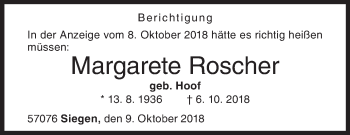 Traueranzeige von Margarete Roscher von Siegener Zeitung