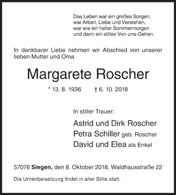 Traueranzeige von Margarete Roscher von Siegener Zeitung