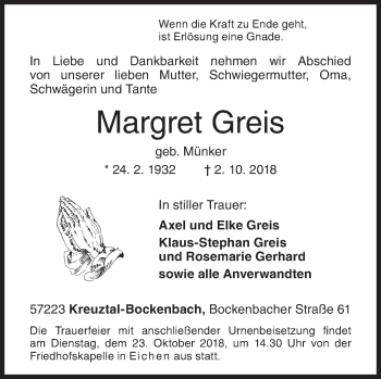Traueranzeige von Margret Greis von Siegener Zeitung