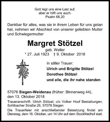 Traueranzeige von Margret Stötzel von Siegener Zeitung