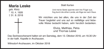 Traueranzeige von Maria Leske von Siegener Zeitung