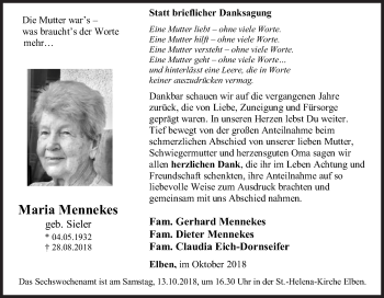 Traueranzeige von Maria Mennekes von Siegener Zeitung