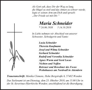 Traueranzeige von Maria Schneider von Siegener Zeitung