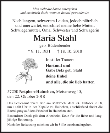 Traueranzeige von Maria Stahl von Siegener Zeitung