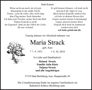 Traueranzeige von Maria Strack von Siegener Zeitung