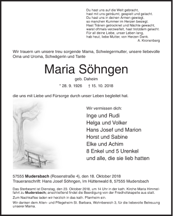Traueranzeige von Maria Söhngen von Siegener Zeitung