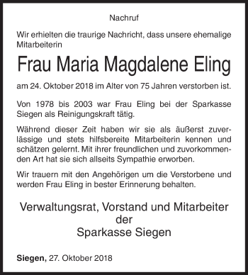 Traueranzeige von Maria Magdalene Eling von Siegener Zeitung