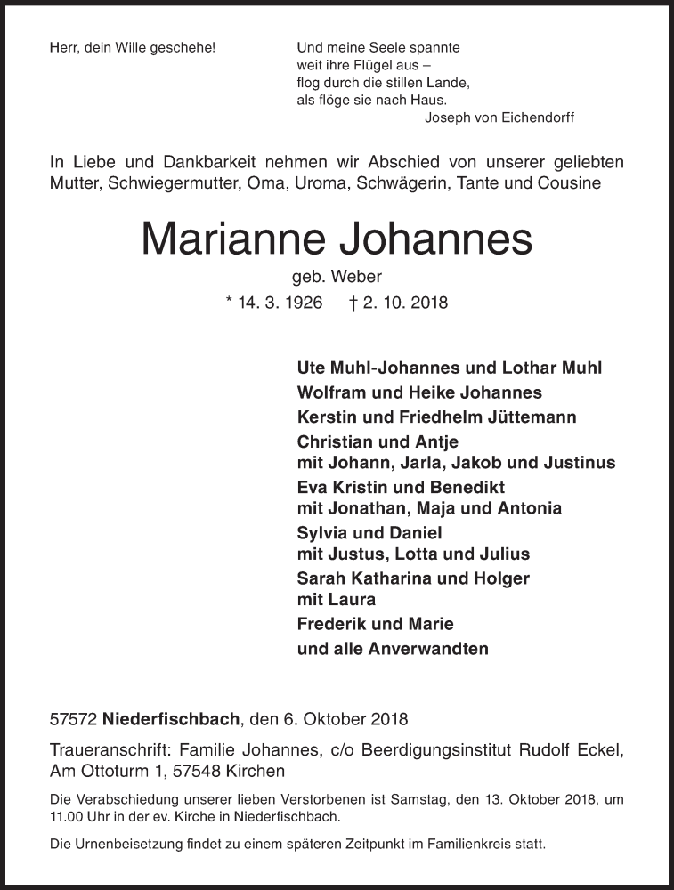  Traueranzeige für Marianne Johannes vom 06.10.2018 aus Siegener Zeitung