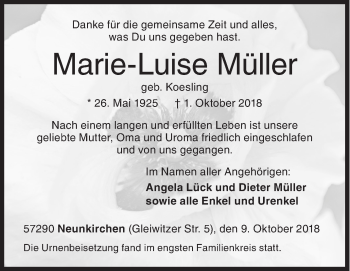 Traueranzeige von Marie-Luise Müller von Siegener Zeitung