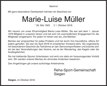 Traueranzeige von Marie-Luise Müller von Siegener Zeitung