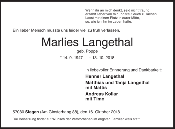 Traueranzeige von Marlies Langethal von Siegener Zeitung