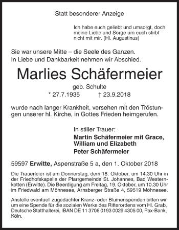 Traueranzeige von Marlies Schäfermeier von Siegener Zeitung