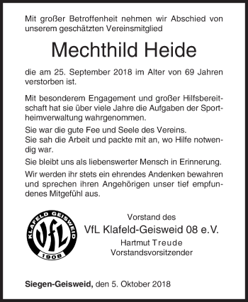 Traueranzeige von Mechthild Heide von Siegener Zeitung