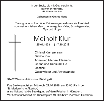 Traueranzeige von Meinolf Klur von Siegener Zeitung