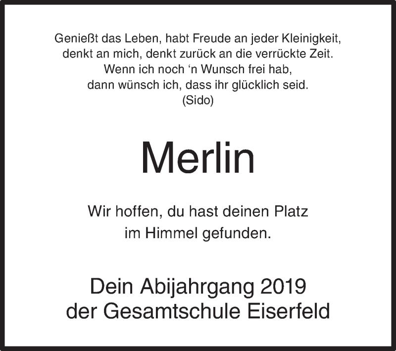  Traueranzeige für Merlin  vom 11.10.2018 aus Siegener Zeitung