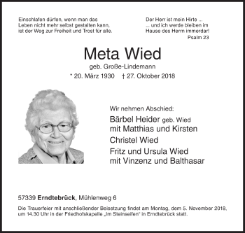 Traueranzeige von Meta Wied von Siegener Zeitung