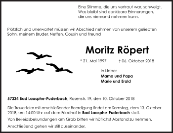 Traueranzeige von Moritz Röpert von Siegener Zeitung
