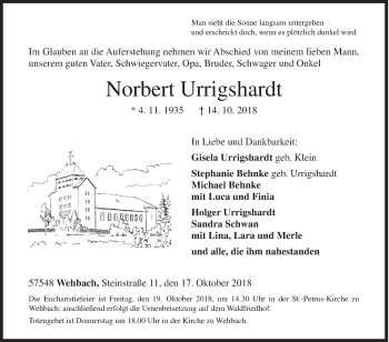 Traueranzeige von Norbert Urrigshardt von Siegener Zeitung