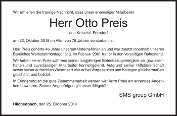 Traueranzeige von Otto Preis von Siegener Zeitung