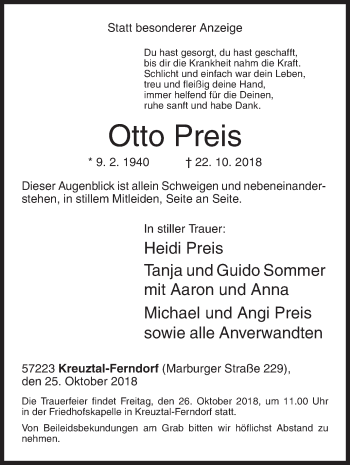 Traueranzeige von Otto Preis von Siegener Zeitung