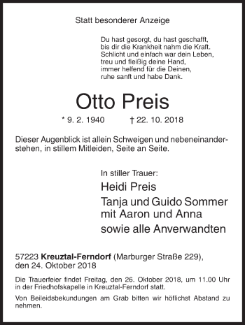 Traueranzeige von Otto Preis von Siegener Zeitung