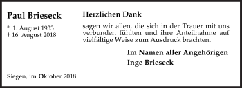 Traueranzeige von Paul Brieseck von Siegener Zeitung