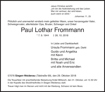 Traueranzeige von Paul Lothar Frommann von Siegener Zeitung