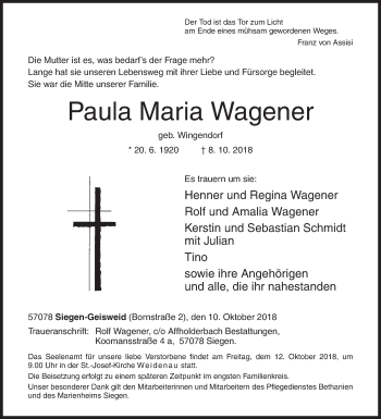 Traueranzeige von Paula Maria Wagener von Siegener Zeitung