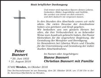 Traueranzeige von Peter Bannert von Siegener Zeitung