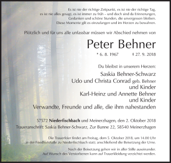 Traueranzeige von Peter Behner von Siegener Zeitung