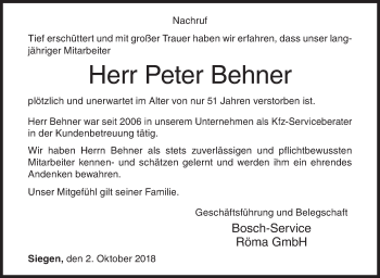 Traueranzeige von Peter Behner von Siegener Zeitung