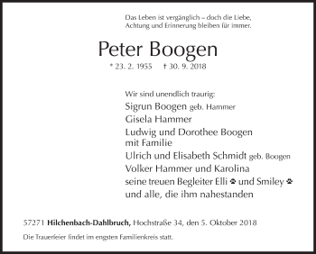 Traueranzeige von Peter Boogen von Siegener Zeitung