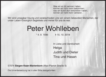 Traueranzeige von Peter Wohlleben von Siegener Zeitung