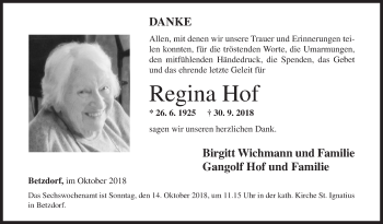 Traueranzeige von Regina Hof von Siegener Zeitung