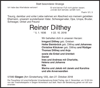 Traueranzeige von Reiner Dilthey von Siegener Zeitung