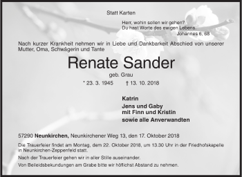 Traueranzeige von Renate Sander von Siegener Zeitung