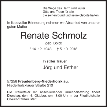 Traueranzeige von Renate Schmolz von Siegener Zeitung