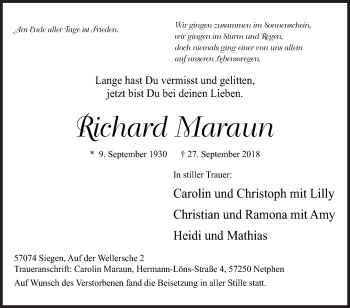 Traueranzeige von Richard Maraun von Siegener Zeitung