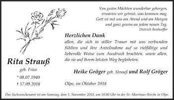 Traueranzeige von Rita Strauß von Siegener Zeitung