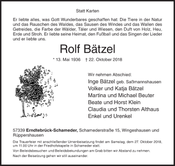 Traueranzeige von Rolf Bätzel von Siegener Zeitung