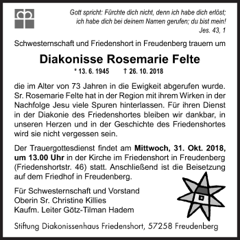 Traueranzeige von Rosemarie Felte von Siegener Zeitung