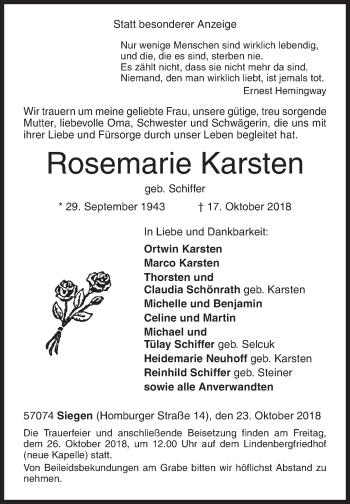 Traueranzeige von Rosemarie Karsten von Siegener Zeitung