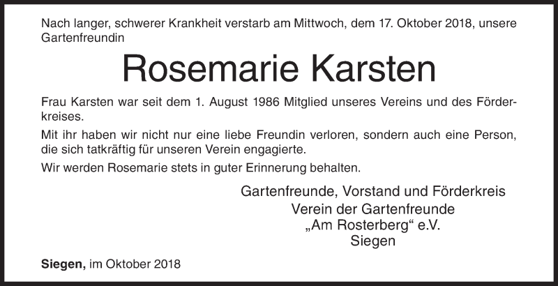  Traueranzeige für Rosemarie Karsten vom 23.10.2018 aus Siegener Zeitung