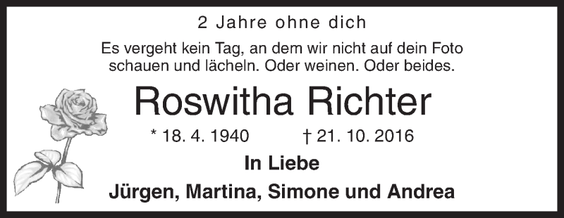 Traueranzeige für Roswitha Richter vom 20.10.2018 aus Siegener Zeitung