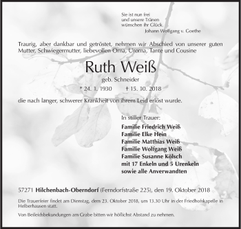 Traueranzeige von Ruth Weiß von Siegener Zeitung