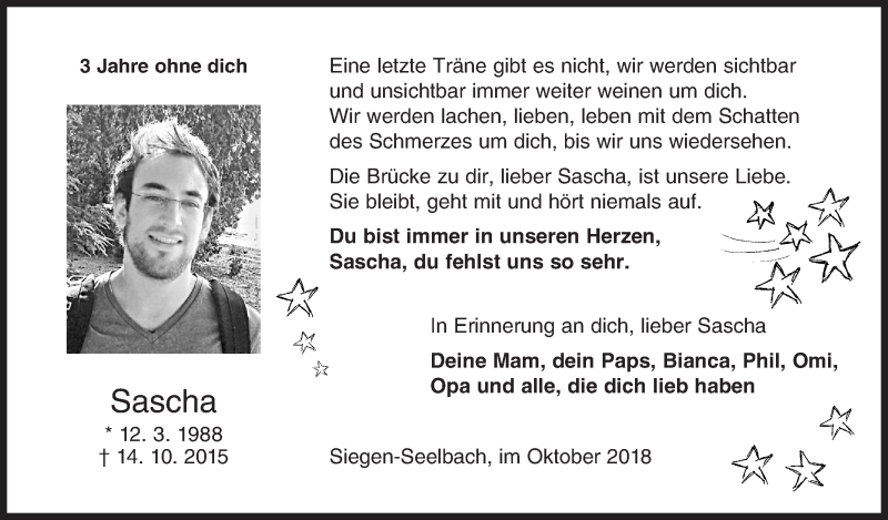  Traueranzeige für Sascha  vom 13.10.2018 aus Siegener Zeitung