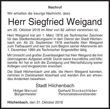 Traueranzeige von Siegfried Weigand von Siegener Zeitung