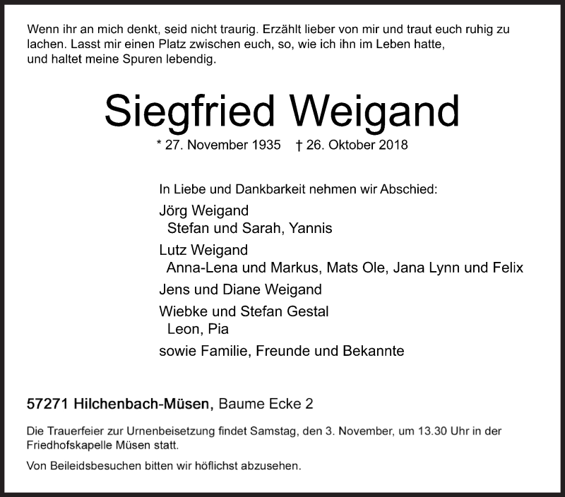  Traueranzeige für Siegfried Weigand vom 30.10.2018 aus Siegener Zeitung