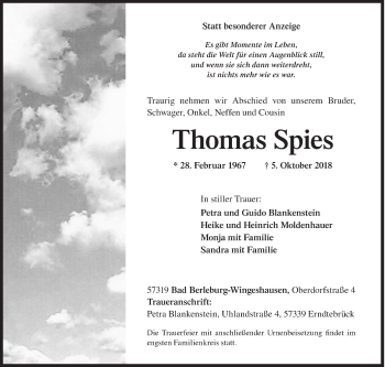 Traueranzeige von Thomas Spies von Siegener Zeitung