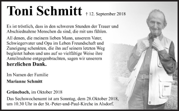 Traueranzeige von Toni Schmitt von Siegener Zeitung